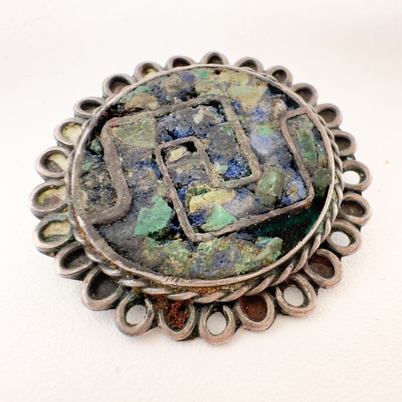 Vintage Taxco EVM Sterling Silver Brooch Pendant Crushed Turquoise Inlay c 1940s - Picture 12 of 13